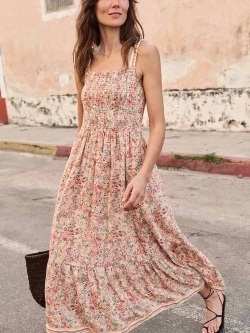 Marine Layer | Selene Floral Maxi Dress in Pink and Cream size XL